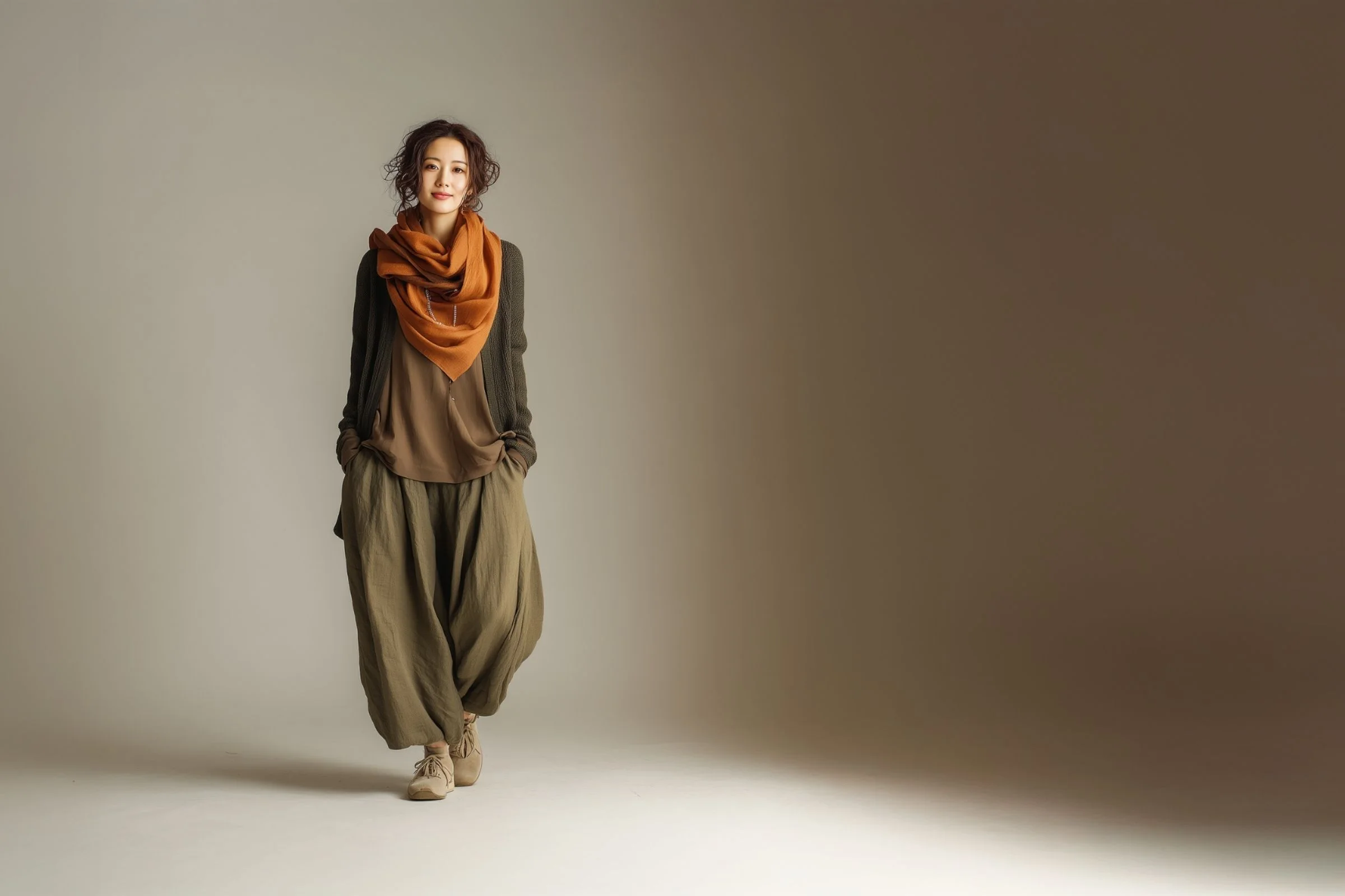 PSNYのストールと衣服をまとった女性